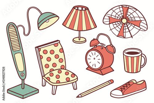 55 Household items illustration, colorful hand-drawn style, everyday objects, toothbrushes, glasses, hairbrush, shower cap, popcorn, coffee mug, teapot, fan, clock, lamp, chairs, table, vase, shoes, p