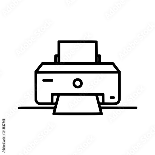 A simple line art illustration of a printer outputting paper The device is depicted in a minimalist style with clean crisp lines