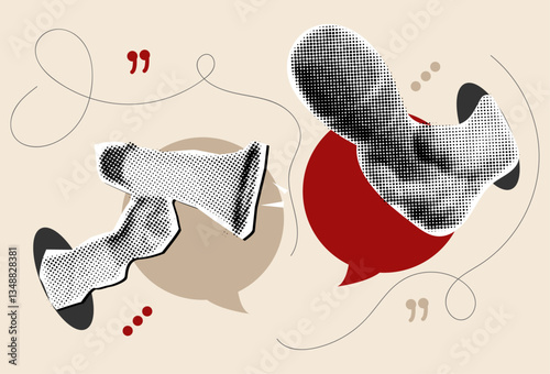  Hand holding megaphone and microphone with halftone effect for media interview and news