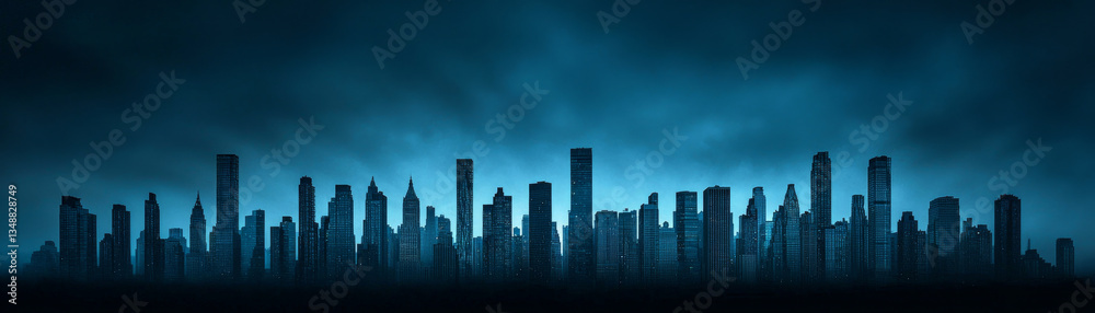 Obraz premium stunning city skyline silhouette against moody blue backdrop, showcasing tall buildings and dramatic atmosphere