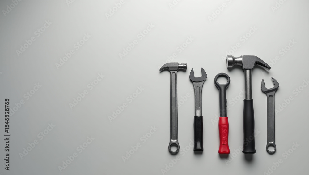 A minimalistic design of Labor Day tools, such as a wrench and hammer, placed neatly on a plain gray background A minimalistic design of Labor Day tools, such as a wrench and hammer, placed neatly on a plain gray background