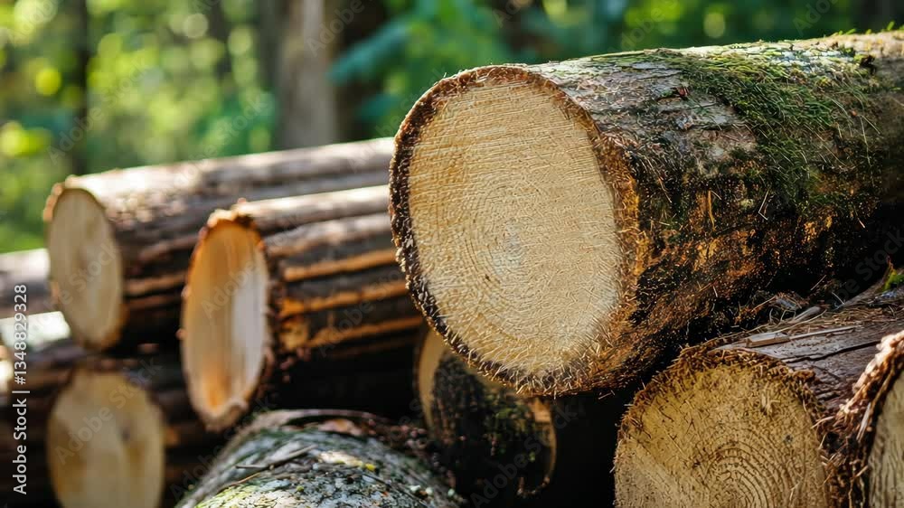 Freshly cut tree logs stacked in a natural setting, representing forestry, logging industry, or environmental resource use.
