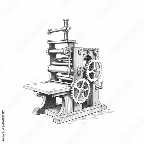 Ancient Printing Press: A detailed illustration showcasing an antique printing press, a symbol of the genesis of mass communication and literature.
