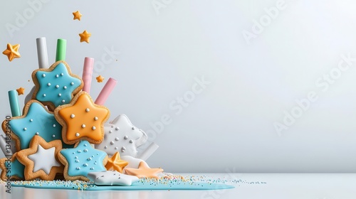 Colorful star-shaped cookies towered with sprinkles and straws, white isolate background.