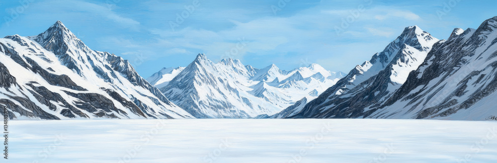 Obraz premium Majestic snow capped mountains rise against clear blue sky, reflecting serene beauty of winter landscape. vast expanse of snow creates tranquil