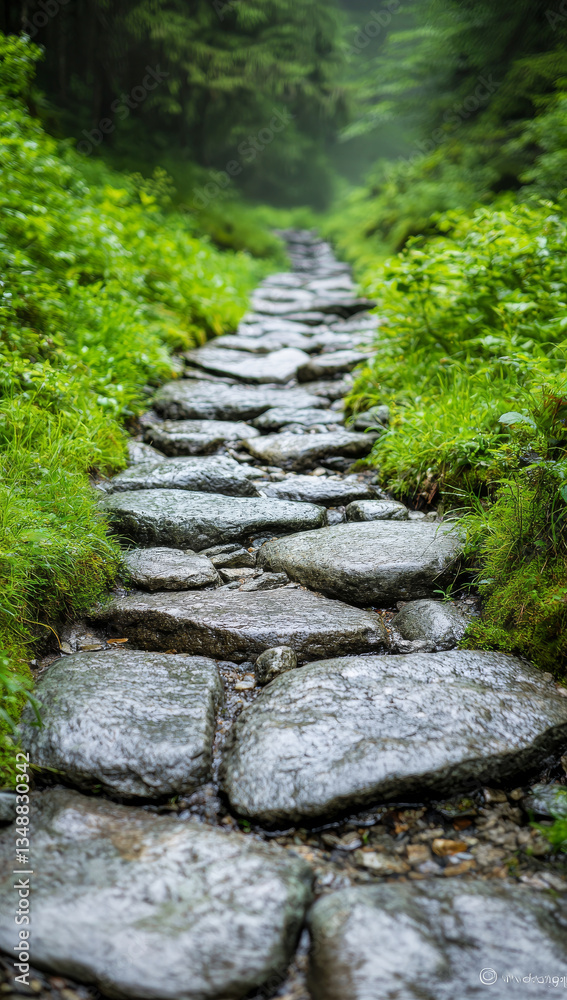 serene stone pathway winds through lush greenery, surrounded by vibrant foliage and misty atmosphere, inviting exploration and tranquility serene stone pathway winds through lush greenery, surrounded by vibrant foliage and misty atmosphere, inviting exploration and tranquility