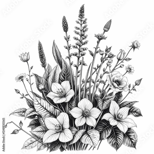 Floral Embrace: An enchanting sketch of diverse flowers, intricately detailed with delicate lines, forms a captivating bouquet, exuding natural grace and timeless beauty.