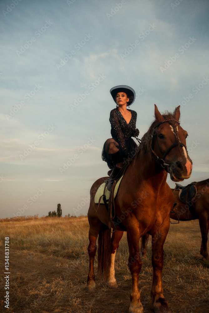 Fototapeta premium elegant girl in long dress, gloves and hat upside down on horse, in the middle of field.