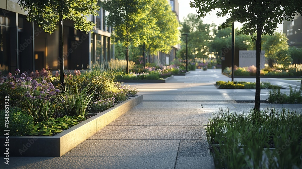 Naklejka premium A modern urban streetscape featuring rain gardens