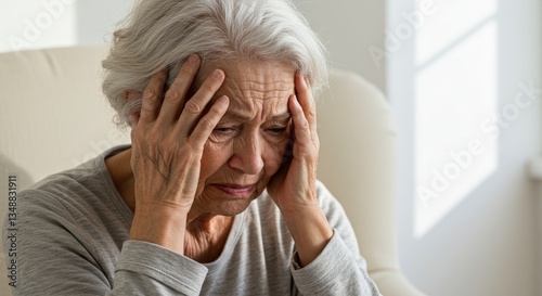An elderly woman sitting by the window, holding her head in discomfort from a headache.
