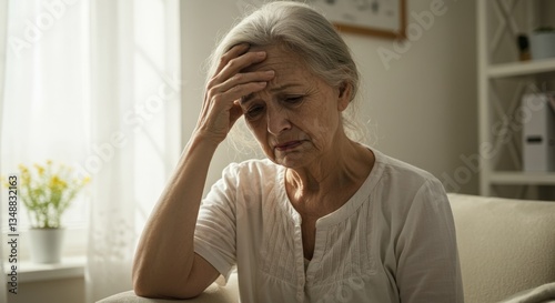 An elderly woman sitting at a table, holding her head in distress due to a headache.

