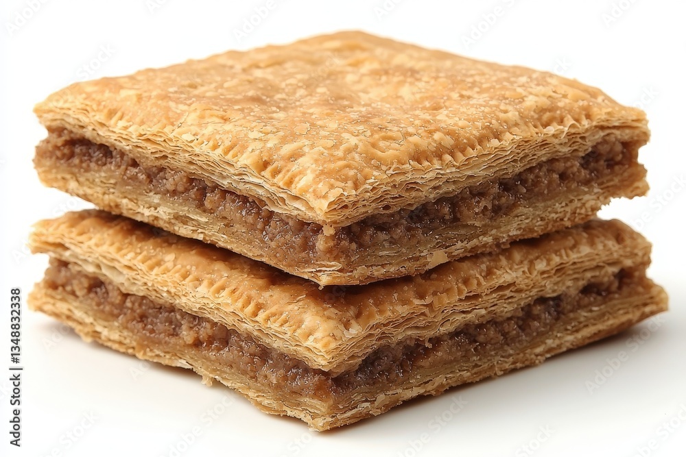 Stack of crispy puff pastry biscuits with golden flaky layers arranged on a plain white background simple minimalist food composition emphasizing texture and baked perfection Stack of crispy puff pastry biscuits with golden flaky layers arranged on a plain white background simple minimalist food composition emphasizing texture and baked perfection