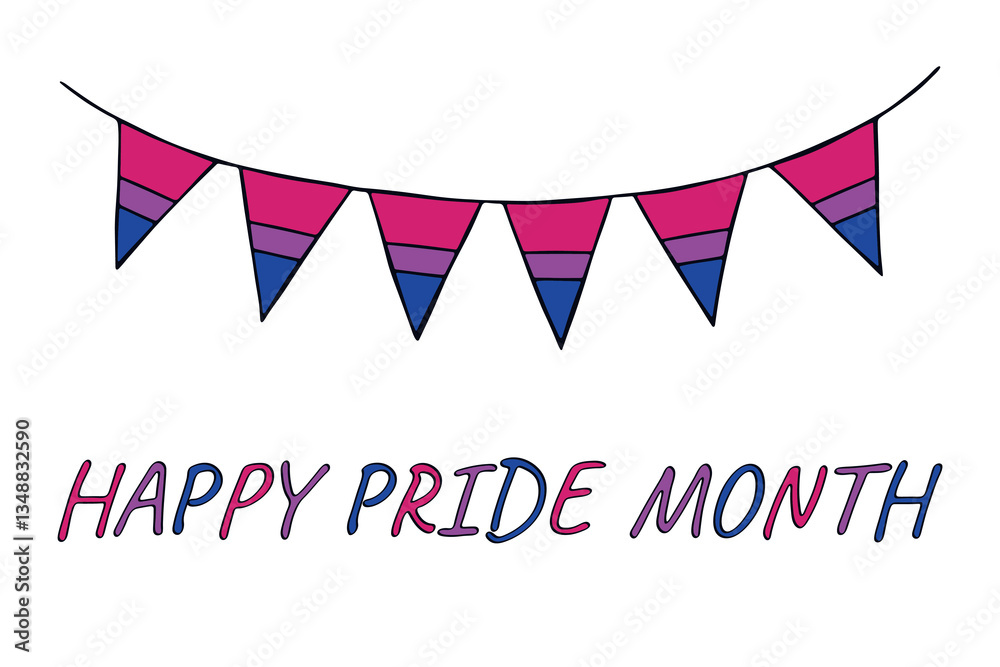 Obraz premium Colorful garland Bisexual pride flag Happy pride day LGBTQIA community Pride Month Vector hand drawn doodle for posters, stickers, logo, cards