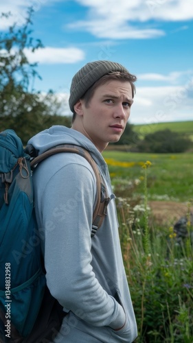 Young man with backpack looking back in countryside