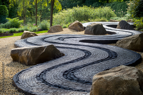 Stone pathway in a zen garden with natural stones, gravel, and lush greenery creating a peaceful and aesthetic scene