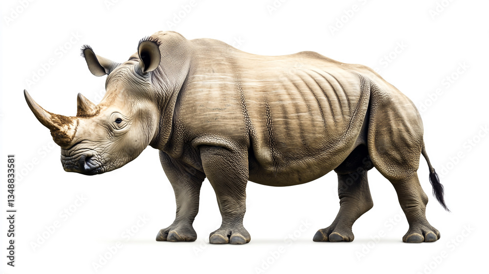 Fototapeta premium White background with a majestic rhinoceros standing proudly in the center
