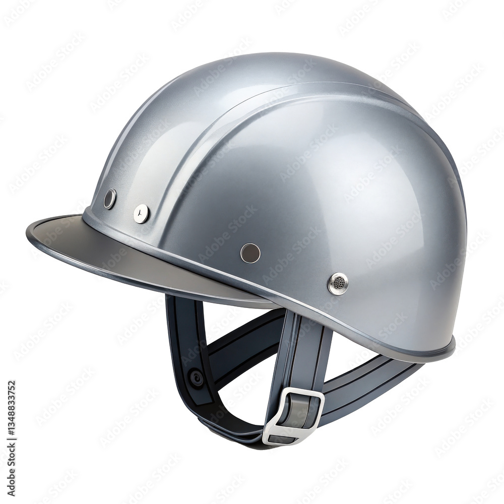 Fototapeta premium sleek, metallic silver safety helmet with glossy finish and adjustable chin strap, designed for protection and style. helmet features minimalist design with ventilation holes
