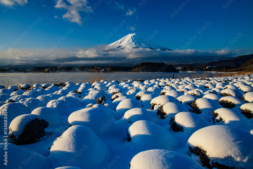 Obraz premium 河口湖から富士山と雪景色