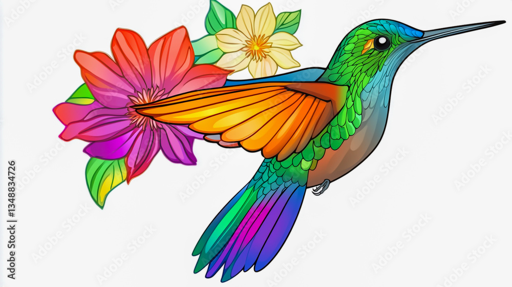 Obraz premium A vibrant and detailed close-up of a hummingbird hovering in mid-air, with its wings flapping rapidly
