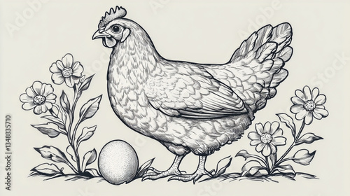 Wallpaper Mural Black and white outline illustration of a hen, an egg, and an engraving-style design Torontodigital.ca
