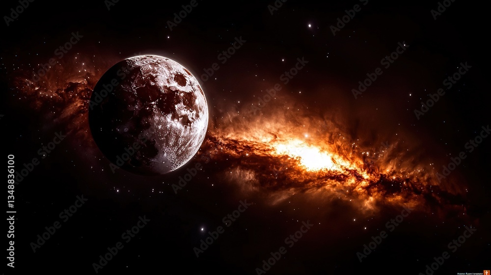 Fototapeta premium Fiery nebula illuminates a distant planet