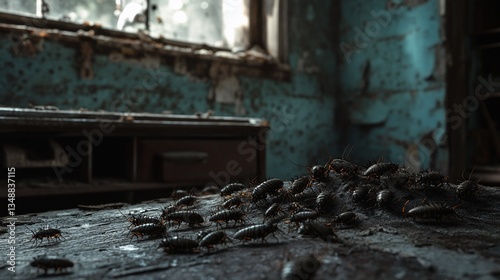 Cockroaches infest abandoned building; decay; creepy