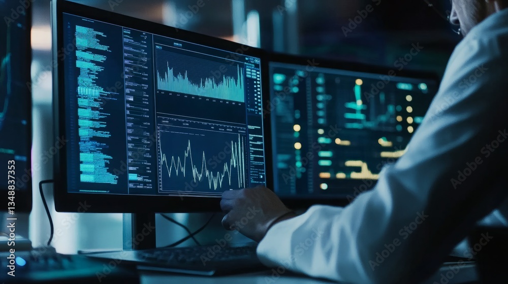 Person analyzing data on multiple computer screens in a dark room. The screens display complex graphs and code. Person analyzing data on multiple computer screens in a dark room. The screens display complex graphs and code.