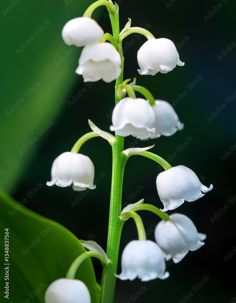 Fototapeta premium Delicate White Lily of the Valley Blooms Hanging From Green Stems in a Natural Setting During Spring