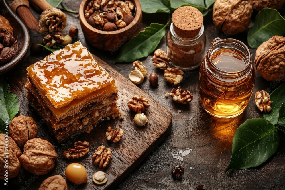 Square shaped honey walnut baklava piece on a dark wooden plate surrounded by whole walnuts fresh green herbs and a jar of honey Square shaped honey walnut baklava piece on a dark wooden plate surrounded by whole walnuts fresh green herbs and a jar of honey