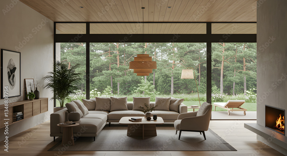 Fototapeta premium Living room in home and nature view - Relax area in living room and forest view background - Interior minimal design for residential artwork