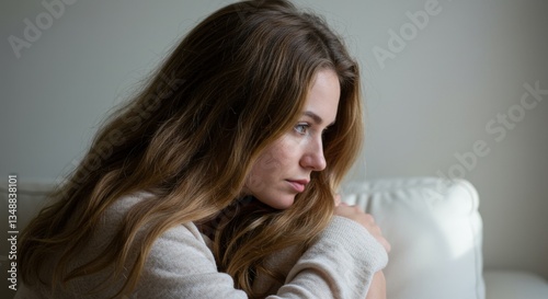 A woman with long hair, sitting on a couch and reflecting deeply with a soft and contemplative expression in a cozy home environment.