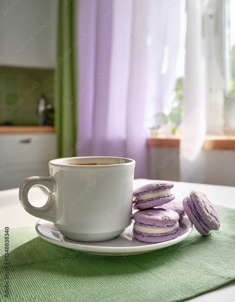 Obraz premium テーブルに広がるライトグリーンとラベンダーのコントラストが魅せる、明るいキッチンのひととき。