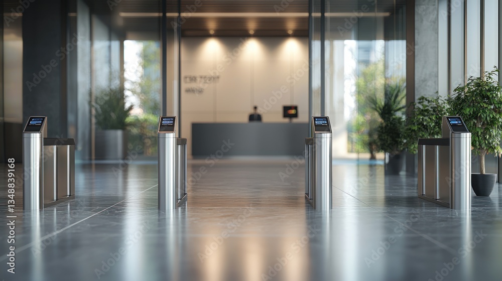Modern Office Entrance with Sleek Security Gates Modern Office Entrance with Sleek Security Gates
