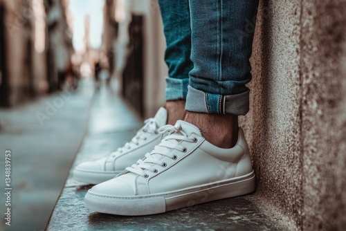 White sneakers on city sidewalk, man's legs, urban background