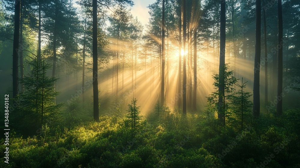 Obraz premium Sunlight breaks through a dense forest during the morning dawn