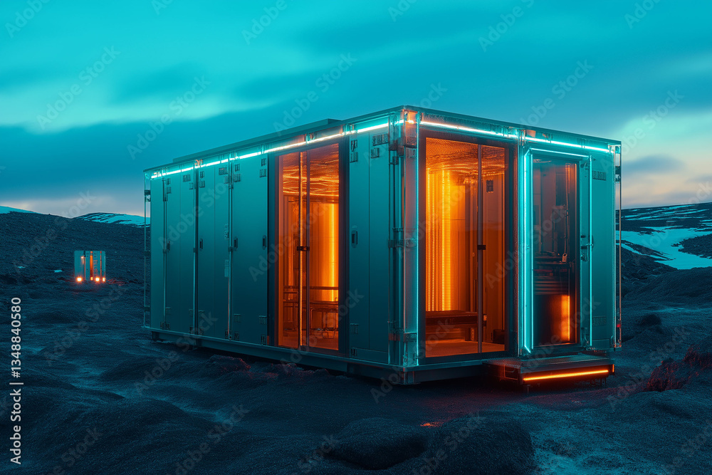 Naklejka premium Small Modular Reactor nuclear grid. energy. SMR. Electricity renewable sustainability safety. Innovative small modular reactor blueprint illustration.