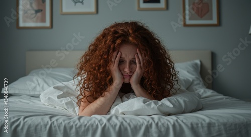 A woman lying in bed, covering her face with her hands, possibly feeling anxious or stressed.