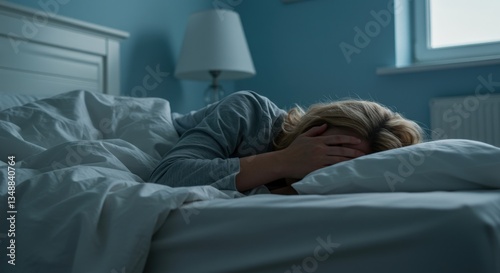 A woman lying on her bed, holding her head in her hands in pain or stress.