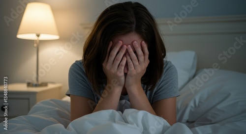 A woman sitting on her bed, covering her face with her hands, dealing with emotional distress.