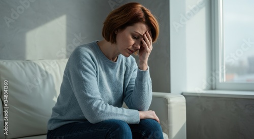 young woman sitting on the sofa and thinking