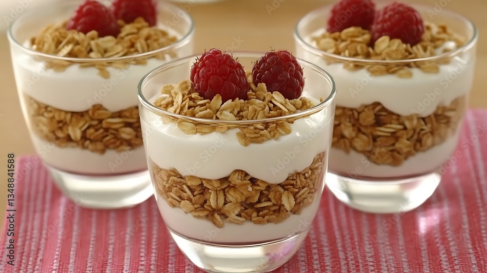 Three glasses of yogurt and granola with fresh raspberries on top Three glasses of yogurt and granola with fresh raspberries on top