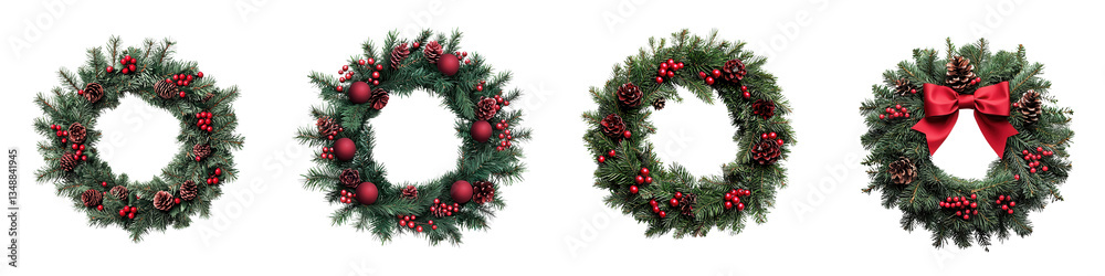 Festive holiday wreaths decorated with evergreen branches red berries and vibrant red bows Festive holiday wreaths decorated with evergreen branches red berries and vibrant red bows