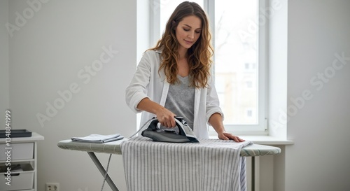 A woman enjoys ironing in a peaceful room with soft lighting and natural light coming through the window.
