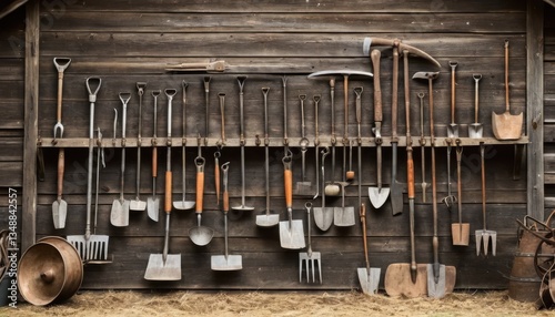 Vintage garden tools display on a rustic wooden wall backdrop for gardening themes