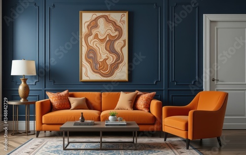 Luxurious living room, navy blue paneled walls, orange velvet sofa, orange armchair, modern coffee table, abstract art painting, gold frame, wooden floor, table lamp, elegant interior design, high con