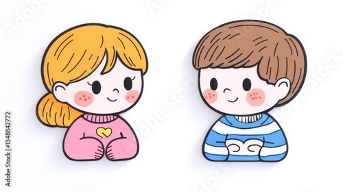 Two Cute Cartoon Characters with Joyful Expressions Sharing a Heartfelt Moment in Charming Illustrative Style