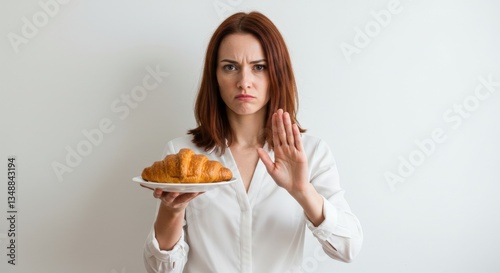 A woman with a neutral expression gesturing no to a croissant.