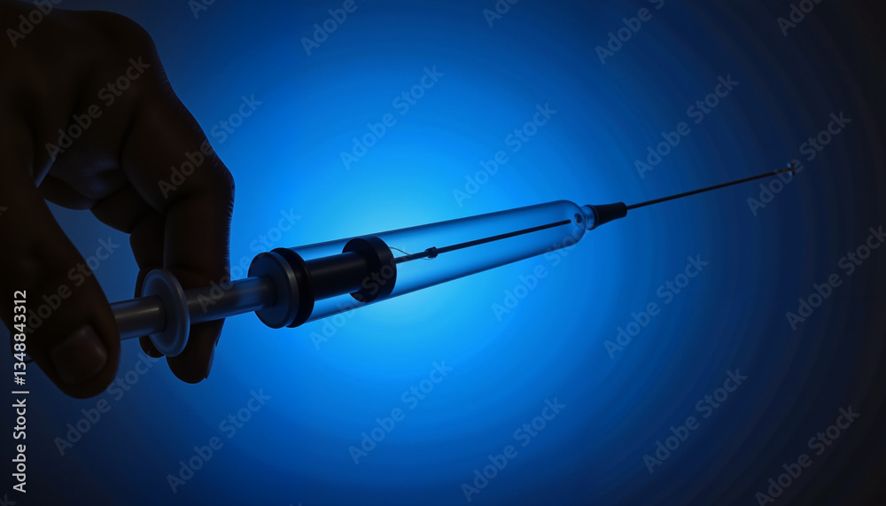 Naklejka premium Syringe silhouette against glowing blue background, medical symbolism