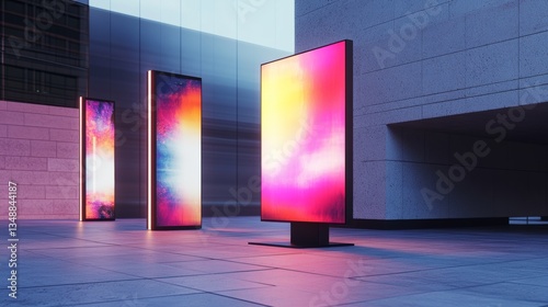 a modern, sleek facade of a building with a large, flat-screen television placed directly on the ground, its screen displaying a vibrant, high-contrast image, surrounded by two thin, tall, vertically-