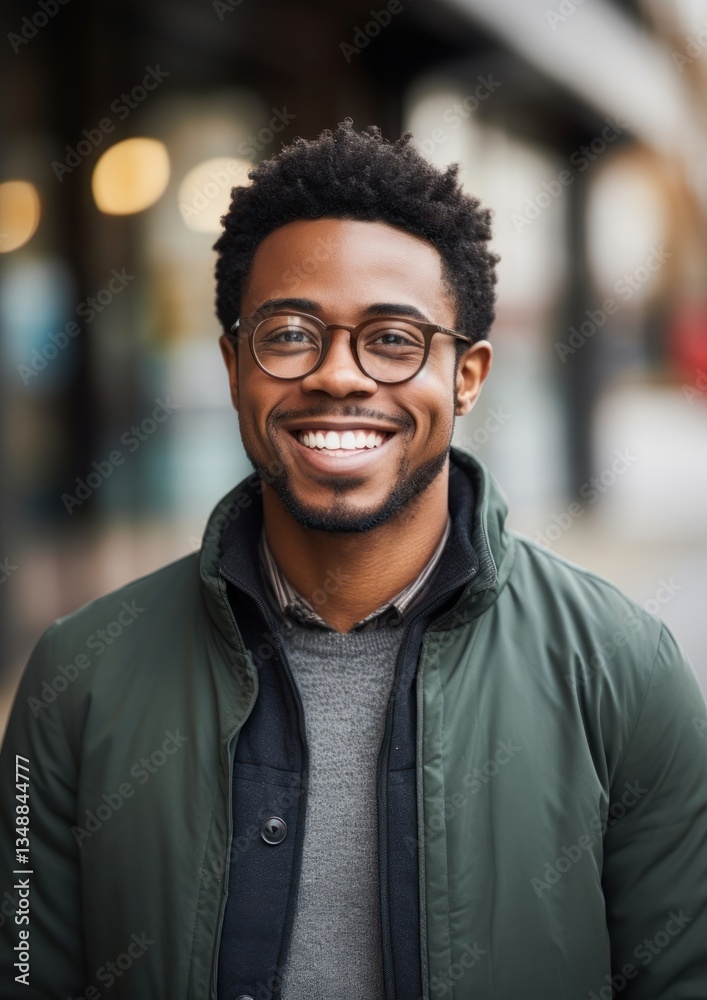 Fototapeta premium Happy millennial african american man in glasses portrait adult smile.